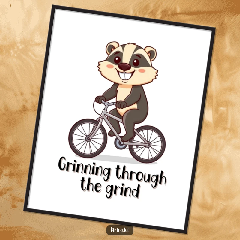 Funny poster depicting a determined badger cycling uphill with a cheerful expression, inspirational wall art.