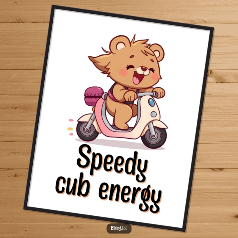 Funny bear cub art print of a joyous cub zooming on a scooter downhill, hair flying, a whimsical and funny gift.