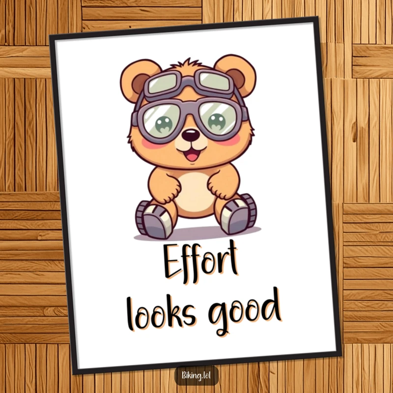 Funny bear with oversized goggles, pedaling a bicycle intensely, displayed as a wall art poster, showing dedication.