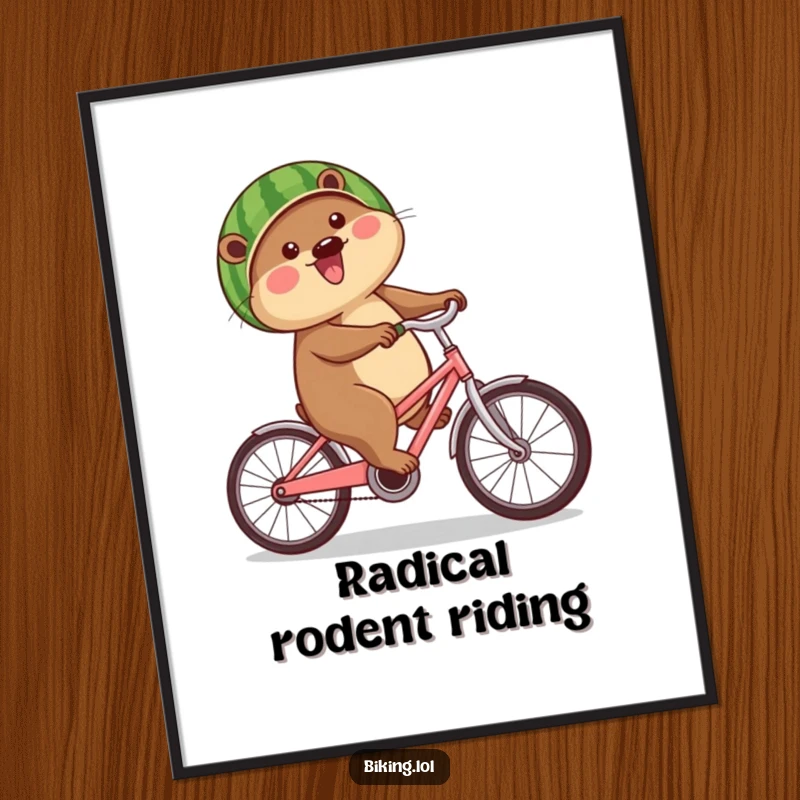 Funny beaver poster showing a happy beaver riding a bike with a watermelon acting as a helmet, whimsical wall art.