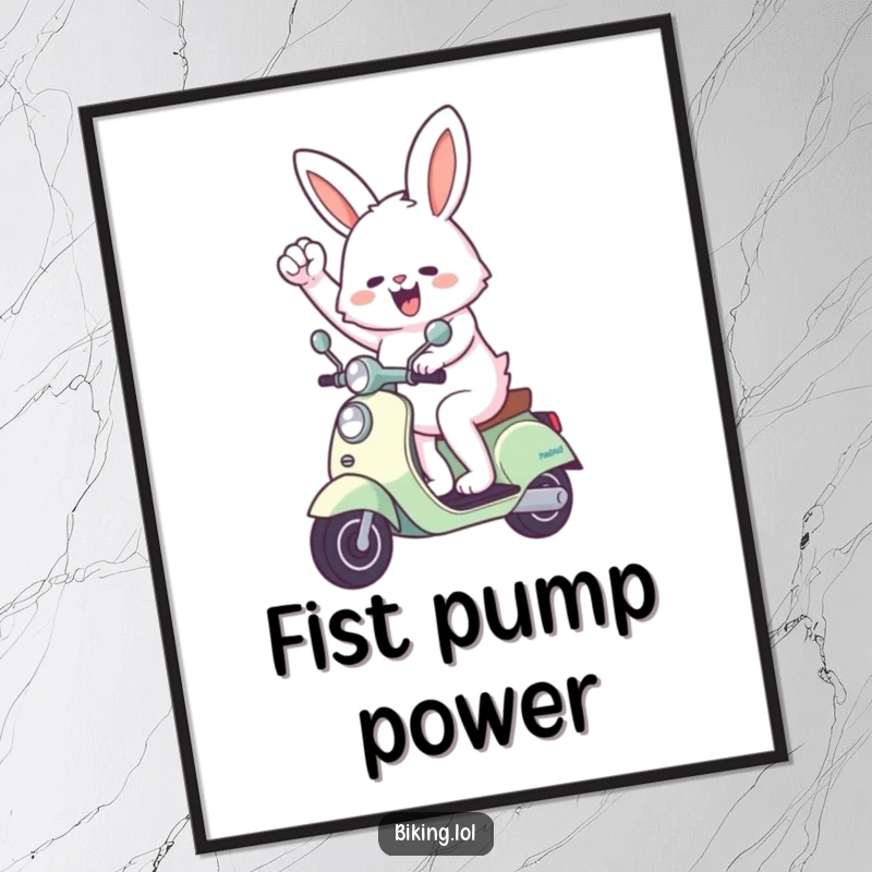 Funny bunny poster featuring an enthusiastic bunny pumping its fist while riding a scooter, a motivational and humorous piece of decor.
