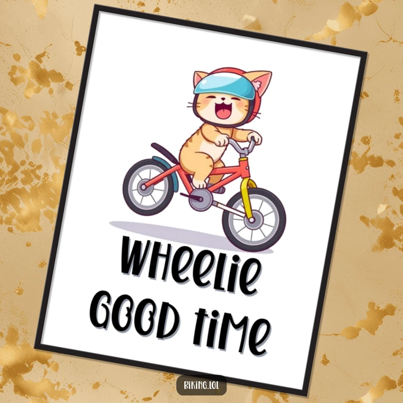 Funny cat poster featuring a giggling cat in a helmet attempting a bike wheelie, a humorous and dynamic piece of decor.
