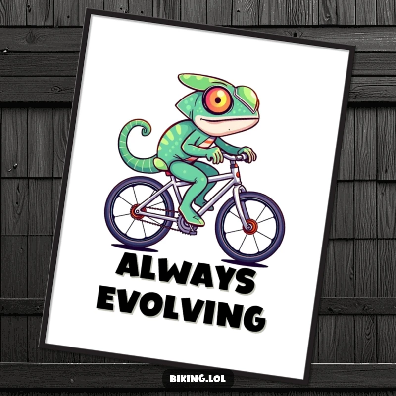 Funny chameleon character changing colors at high speed while riding a bicycle, as a vibrant wall art poster.