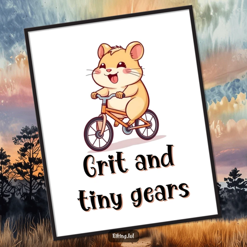 Funny hamster poster showing a determined hamster pedaling a tiny bicycle uphill with a joyful grin, inspirational wall art.