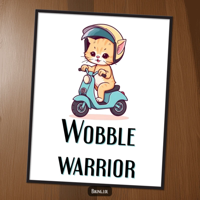 Funny poster art of a wobbly kitten trying to ride a scooter, wearing a comically oversized helmet, full of determination.