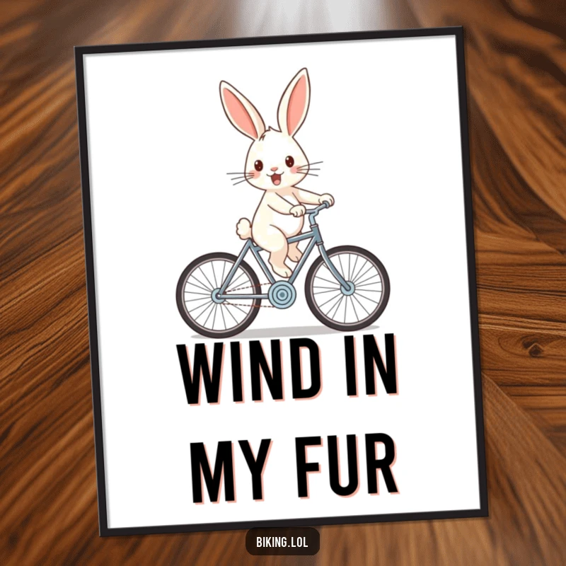 Funny rabbit poster of a cheerful rabbit zooming downhill on a bicycle with wind-swept ears, dynamic and joyful wall art.