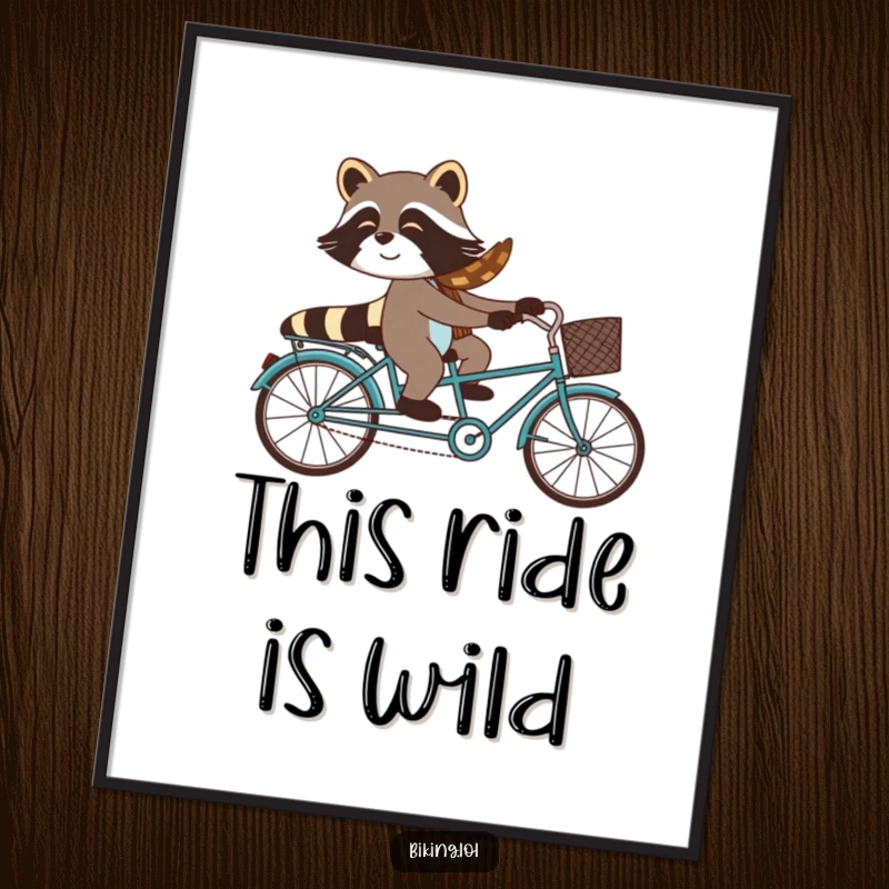 A funny raccoon piloting a tandem bicycle with a shocked companion, creating a humorous and eye-catching poster for any wall.