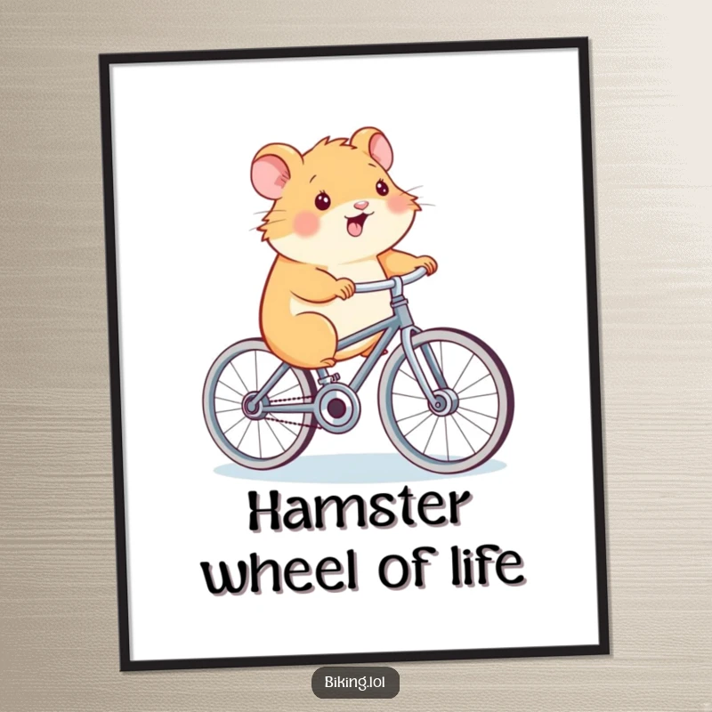 Funny Hamster Power Poster, a smiling hamster, pedaling a bicycle, humorous wall art, perfect for fitness-themed decor.