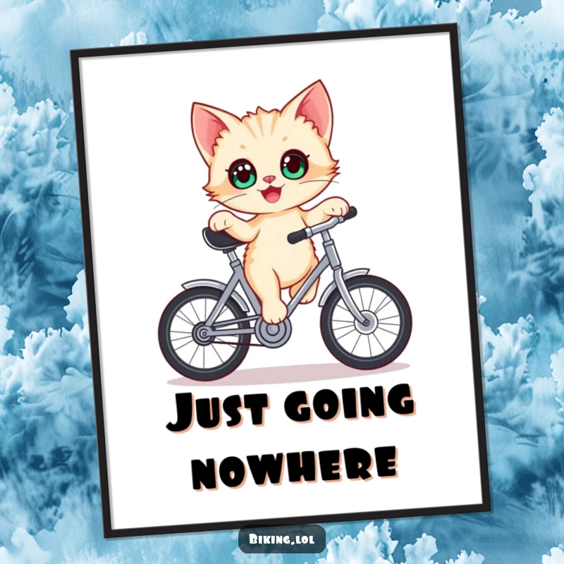 Funny kitten poster, delighted kitten with wide eyes balancing on a stationary bicycle crank, creating a humorous scene.