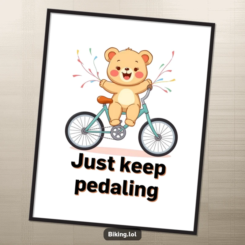 Funny bear cub joyfully riding a bicycle with streamers, a vibrant and cheerful wall art piece.