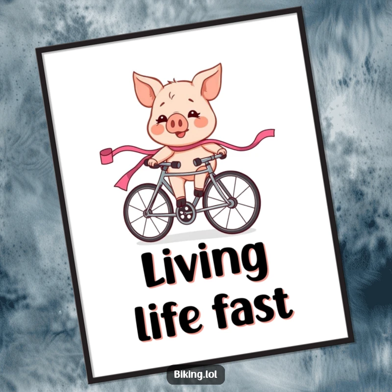 Funny flushed and exhilarated pig character in a bicycle race, trailing a pink ribbon, as a vibrant wall art poster.