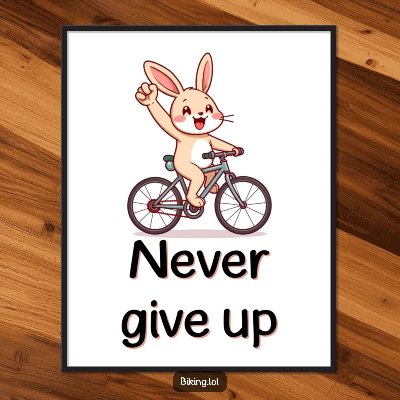 Funny poster of a cheerful rabbit enthusiastically cycling uphill, pumping its arm, motivational and humorous.