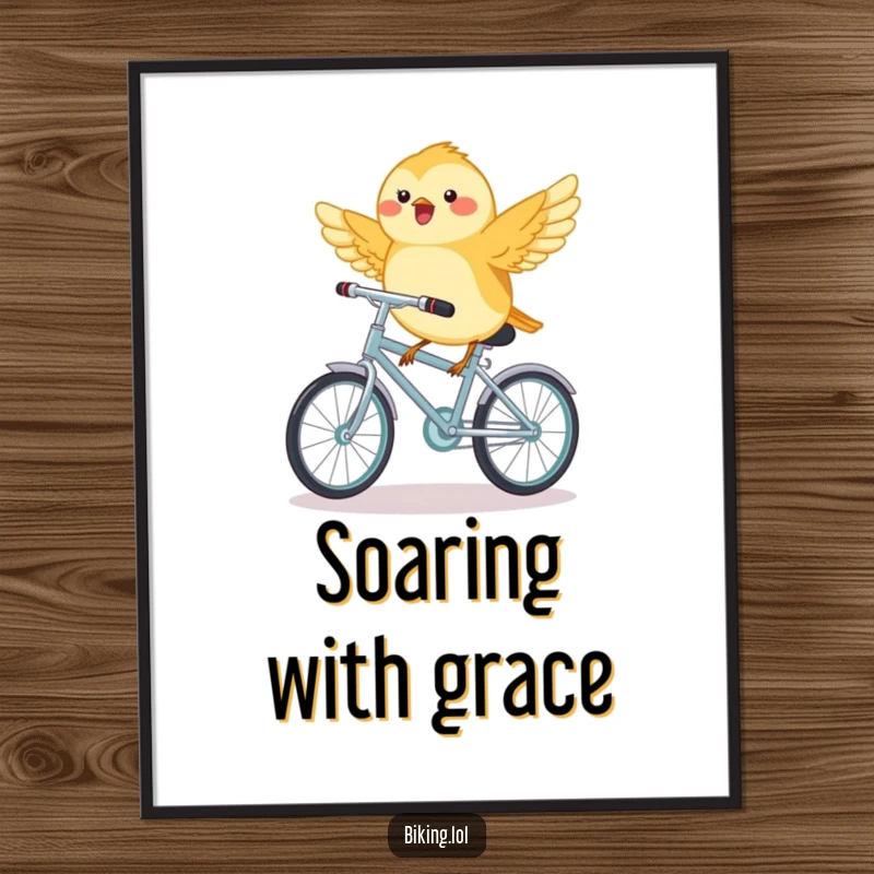 Funny chickadee bird joyfully riding a miniature bicycle with wings outstretched, cheerful wall art.