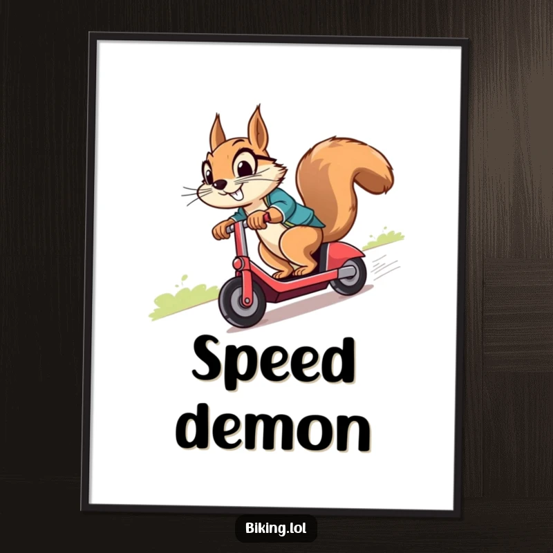 Funny squirrel zooping downhill on a scooter with an infectious cheeky grin, captured as vibrant wall art.
