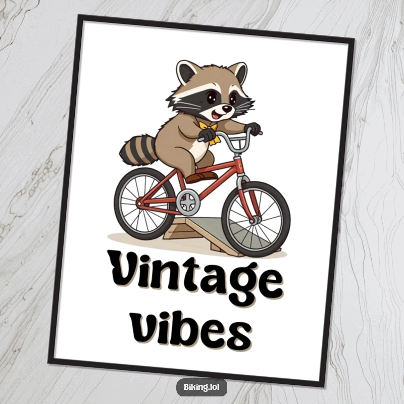 Funny playful raccoon attempting a jump over a small ramp on a vintage bicycle as a high-quality poster.