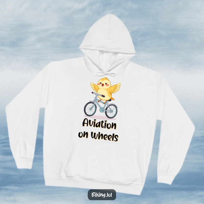 Funny chickadee riding a miniature bicycle with wings outstretched, a cozy hoodie for bird lovers.
