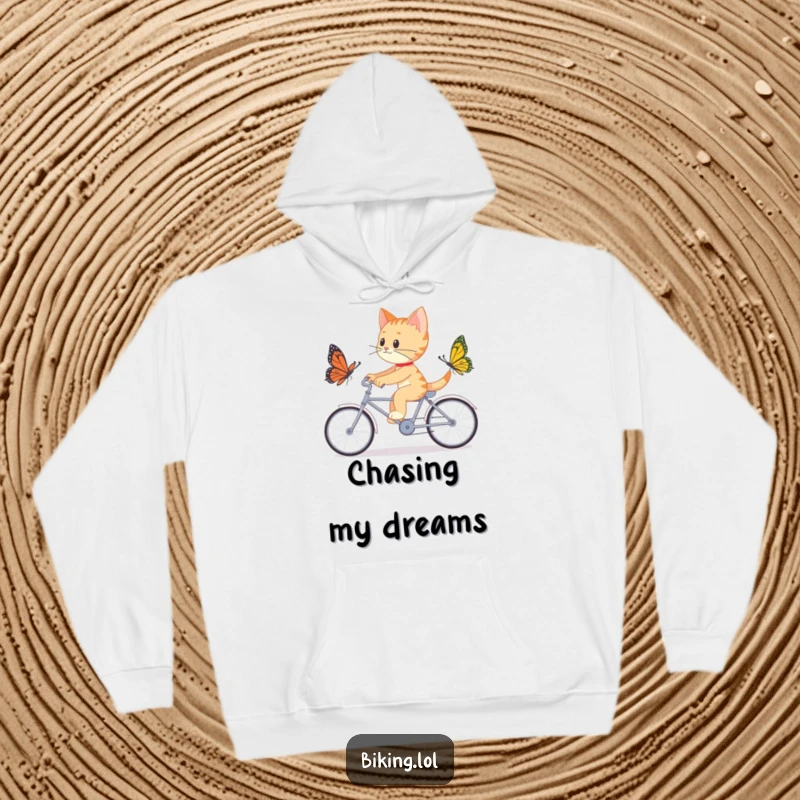 Funny hoodie depicting a determined cat chasing a butterfly on a tandem bicycle, offering a blend of playful adventure and cozy comfort.
