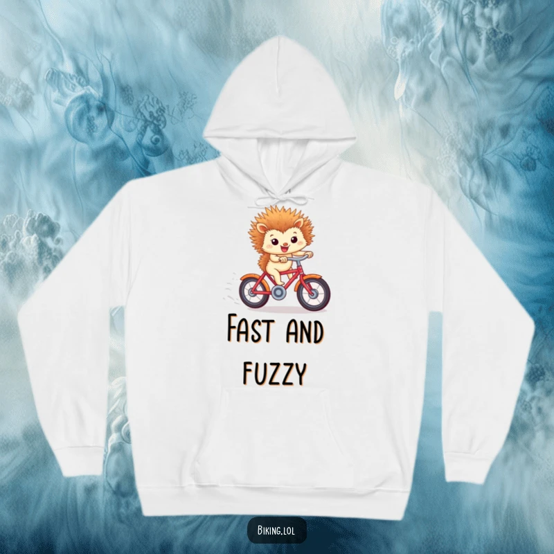 Funny hoodie with a tiny hedgehog riding a bicycle downhill, windblown ears, cute and humorous gift.