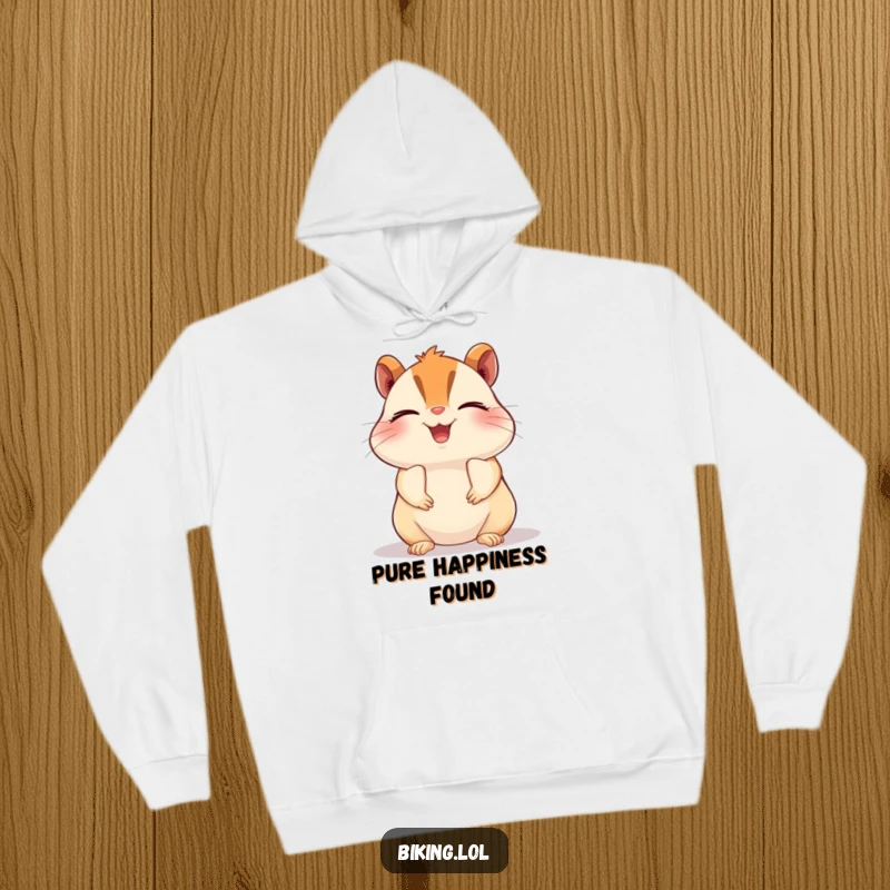 Funny chipmunk hoodie, a beaming chipmunk pedaling a bike with closed eyes in pure bliss, cozy and humorous.