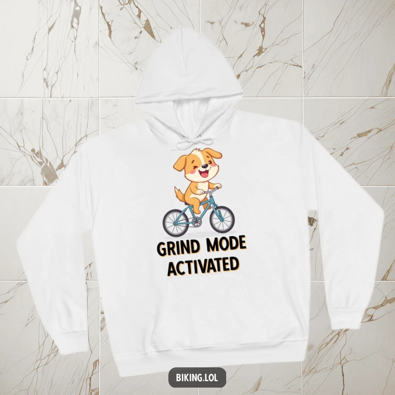 Funny hoodie featuring a cartoon dog joyfully cycling uphill on a miniature bike, humorously depicting a spirit of resilience and happiness.