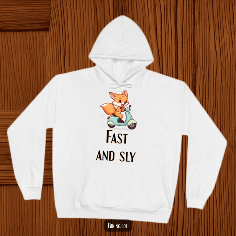 Funny hoodie featuring a grinning fox crossing a finish line on a scooter, a fun and cozy funny gift.