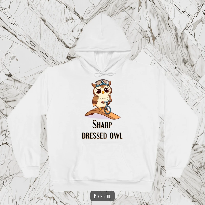 Funny owl wearing a cycling cap, elegantly riding a ramp, on a cozy hoodie, embodying smooth moves.