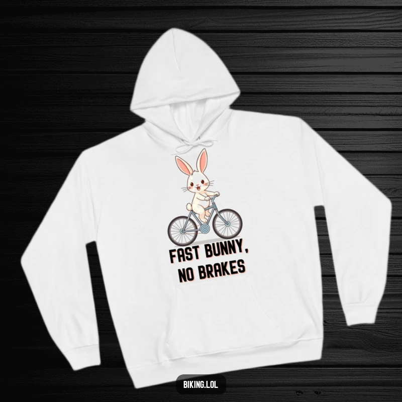 Funny rabbit hoodie showing a cheerful rabbit zooming downhill on a bicycle with wind-swept ears, comfortable and fun.
