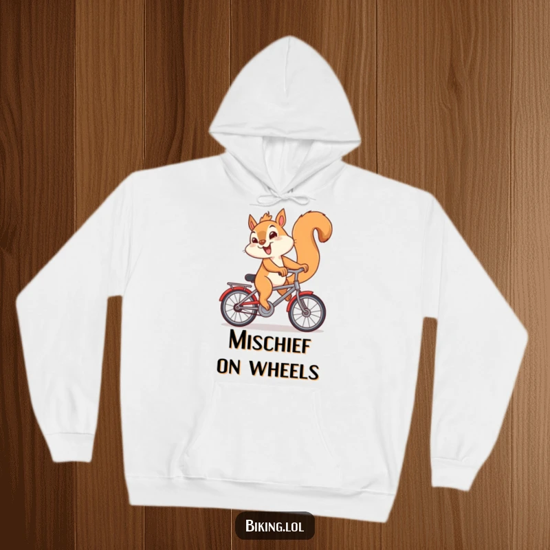 Funny hoodie with a giggling squirrel riding a bicycle backwards, soft and perfect for a funny gift.