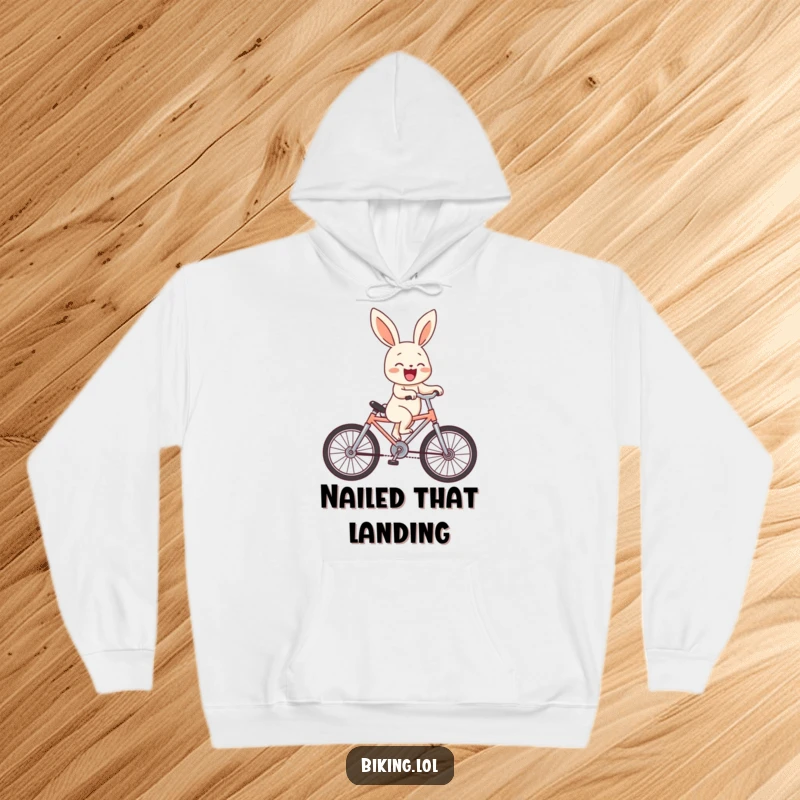 Funny bunny character captured mid-wheelie on a small bike, laughing hysterically, printed on a warm and cozy hoodie.