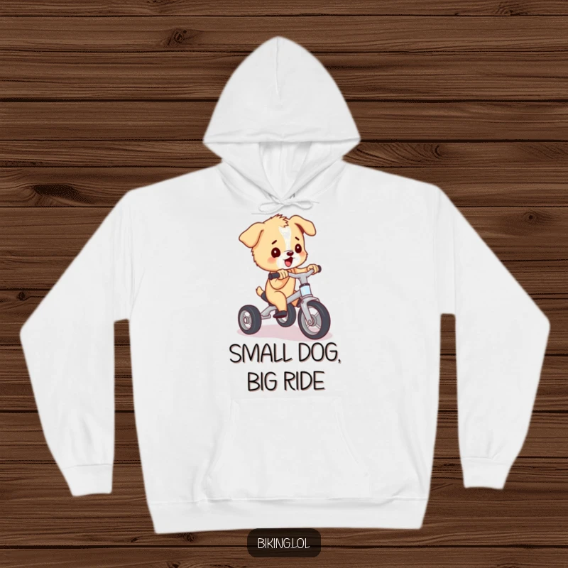 Funny puppy wearing a hoodie, pedaling a tiny tricycle with immense effort, a warm and humorous funny gift.