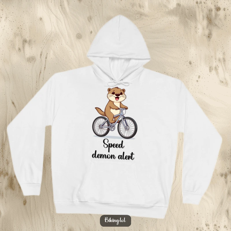 Funny otter in a hoodie, happily cycling with oversized wheels, creating a humorous and heartwarming winter gift for animal lovers.