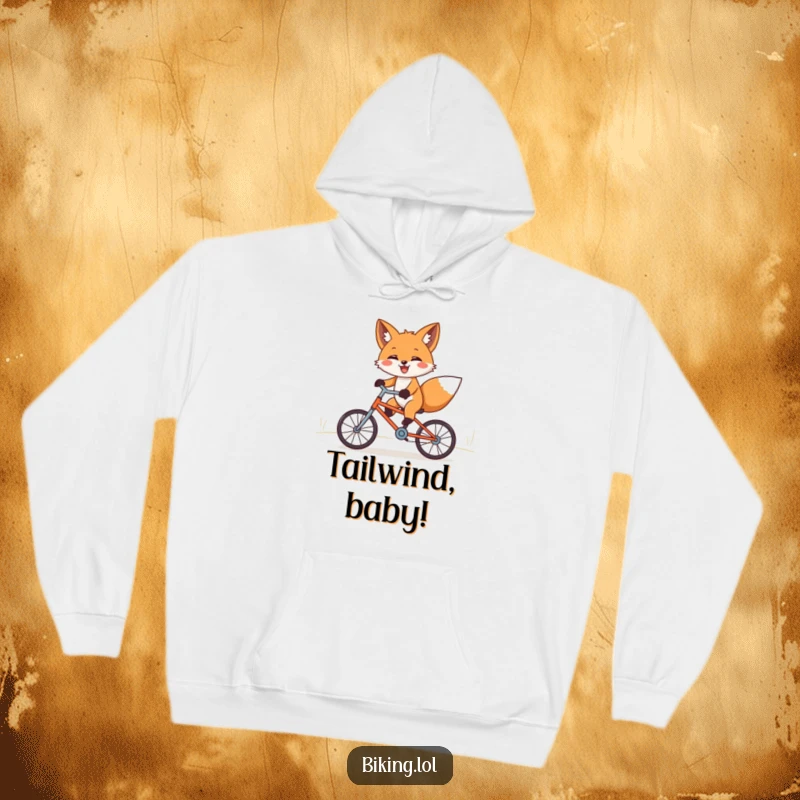 Funny fox hoodie, paws outstretched, joyfully riding a tiny bicycle downhill, exuding happiness and freedom.