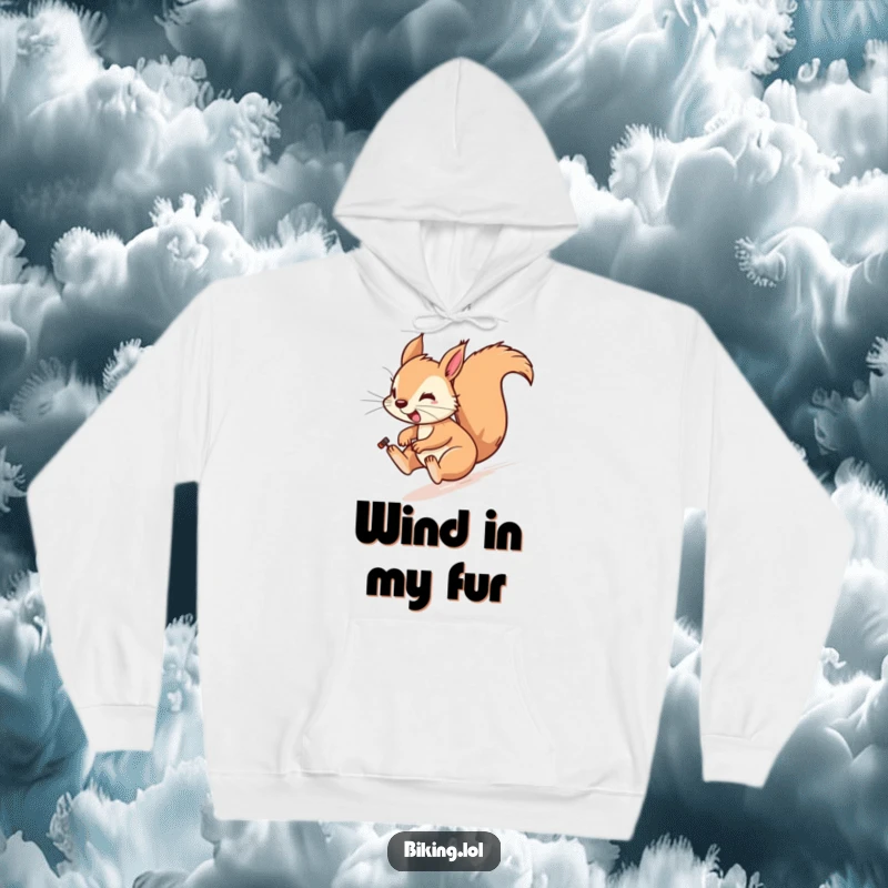 Funny hoodie featuring a playful squirrel zipping downhill on a bike, wind-swept fur.