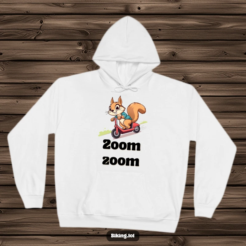 Funny, determined squirrel speeding downhill on a scooter, sporting a cheeky grin, printed on a comfortable hoodie.