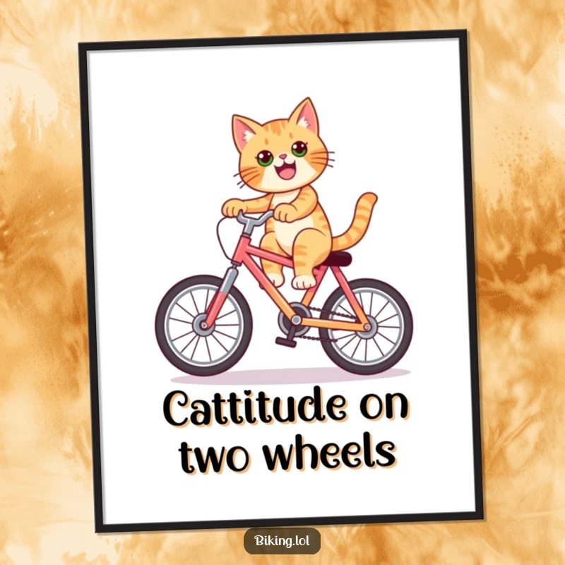 Funny Free Printable Wall Art depicting a sophisticated cat performing a stylish wheelie on a bright, multi-colored bicycle.