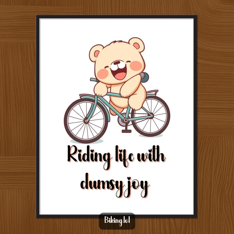 Funny Free Printable bear cub wall art of a laughing cub with a silly face tumbling off a bicycle seat.