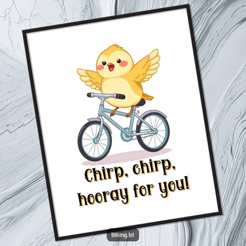 Funny Free Printable Wall Art: A joyful chickadee rides a miniature bicycle with wings outstretched, adding playful charm.