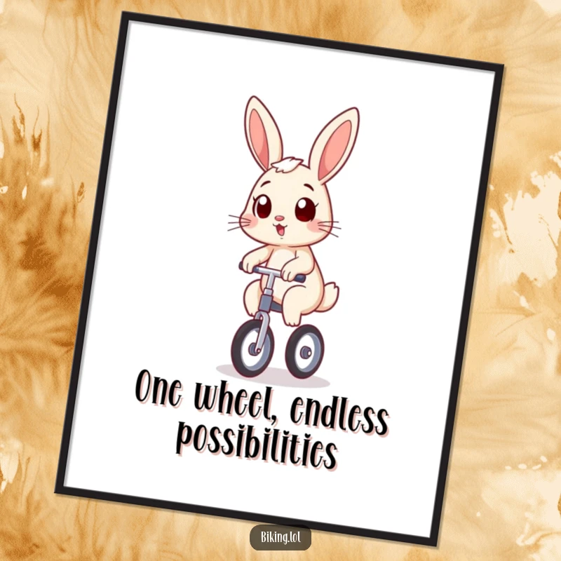 Funny Free Printable Wall Art: Surprised bunny on a unicycle, determined grin, balancing act, quirky decor.