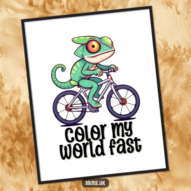 Funny Free Printable Wall Art: A chameleon rides a bicycle at incredible speed, its body a vibrant, shifting spectrum of colors.