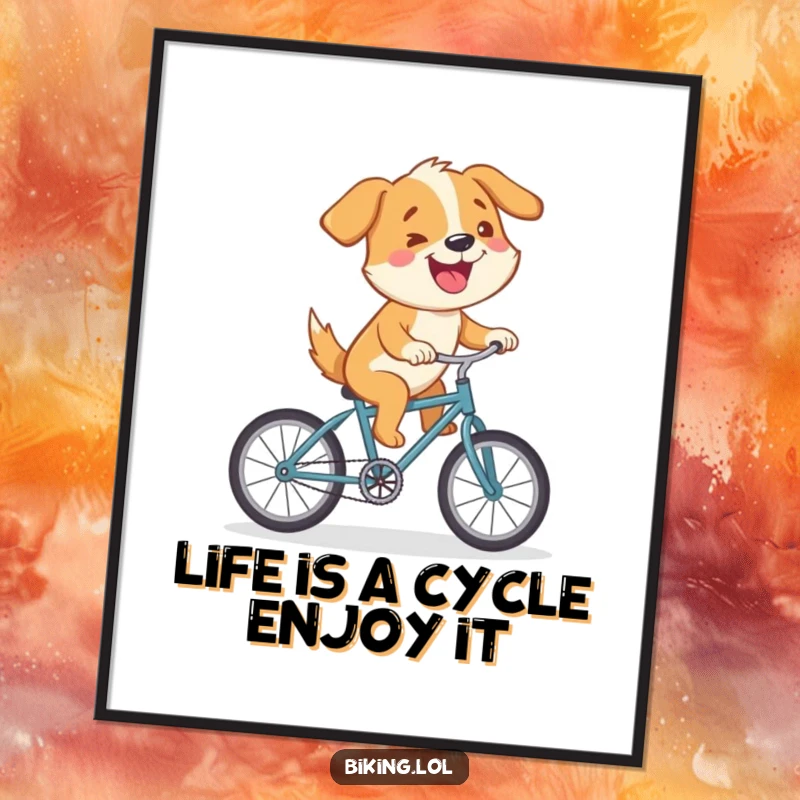 Funny Free Printable Wall Art: A cartoon dog joyfully rides a tiny bicycle uphill, embodying determination and humor.
