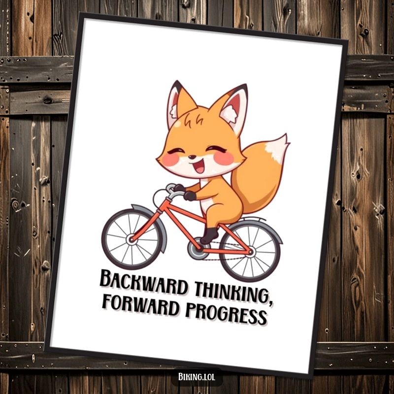 Funny Free Printable Wall Art: Giggling fox riding a bicycle backward with a playful wink, a humorous piece of downloadable art.