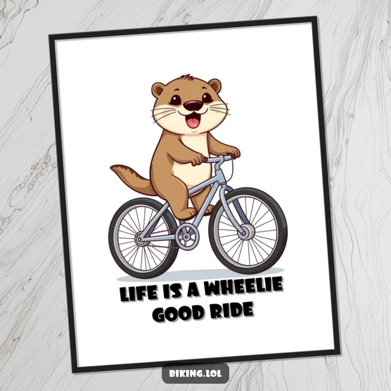Funny Free Printable Wall Art: Otter on a bicycle with huge wheels, pedaling with all his might, quirky decor.
