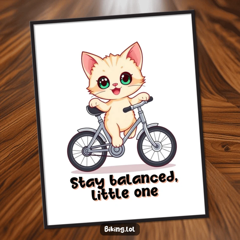 Funny Free Printable Wall Art: A delighted kitten with wide eyes, precariously balancing on a stationary bicycle crank.