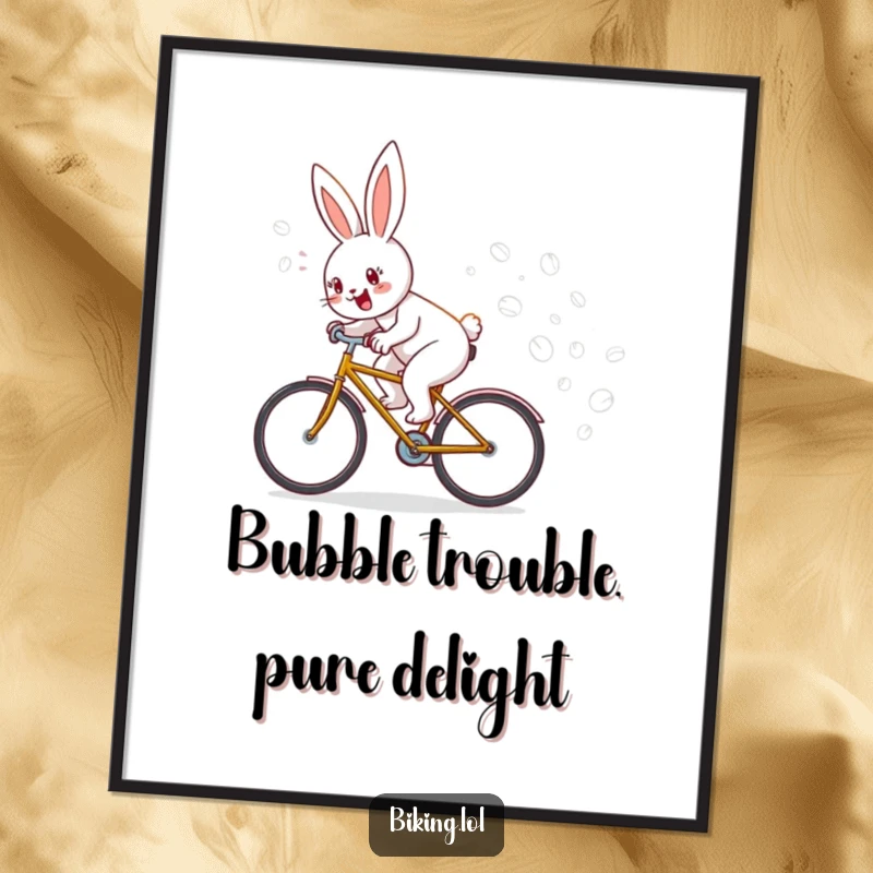 Funny Free Printable Wall Art: A happy bunny cycling energetically, leaving a whimsical trail of floating bubbles, adds joy to any room.