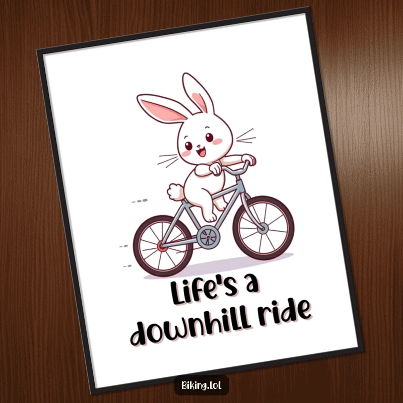 Funny Free Printable Wall Art: Joyous bunny on tiny bicycle zooming downhill with wind in ears, a comical scene of pure speed.