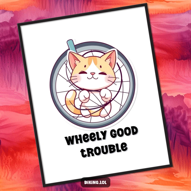 Funny Free Printable Wall Art: A happy, bewildered cat is comically stuck in bicycle spokes, offering a smile.