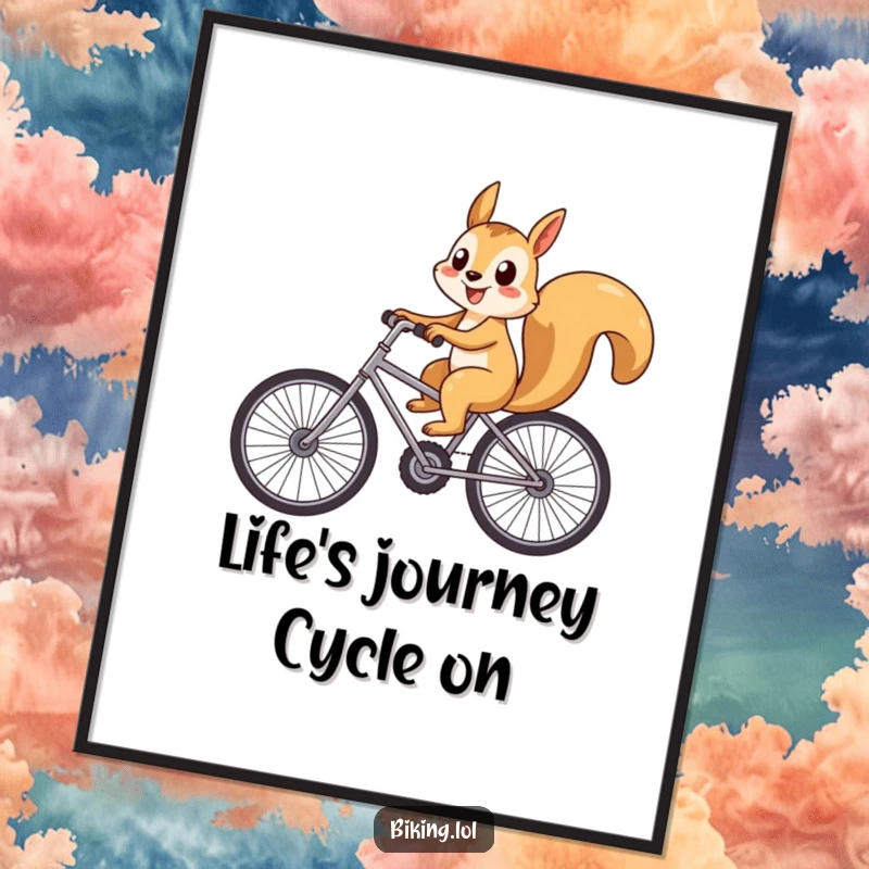 Funny Free Printable Wall Art: A playful squirrel beaming with a big smile rides a bicycle with oversized wheels, offering fun decor.