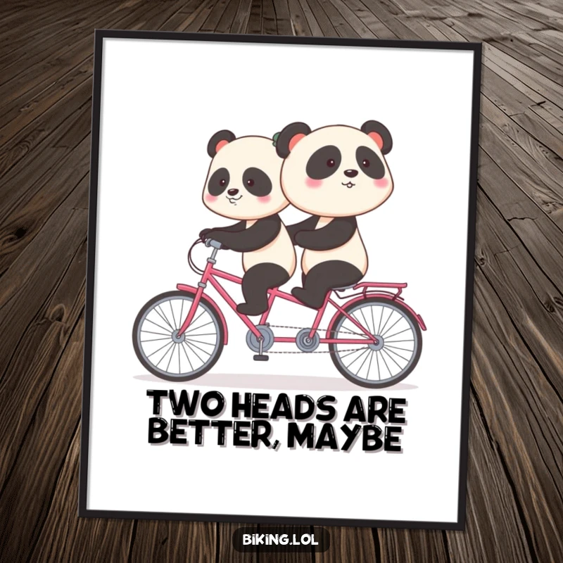 Funny Free Printable Wall Art: Shy panda on a tandem bike pedaling backward, comical downloadable decor.