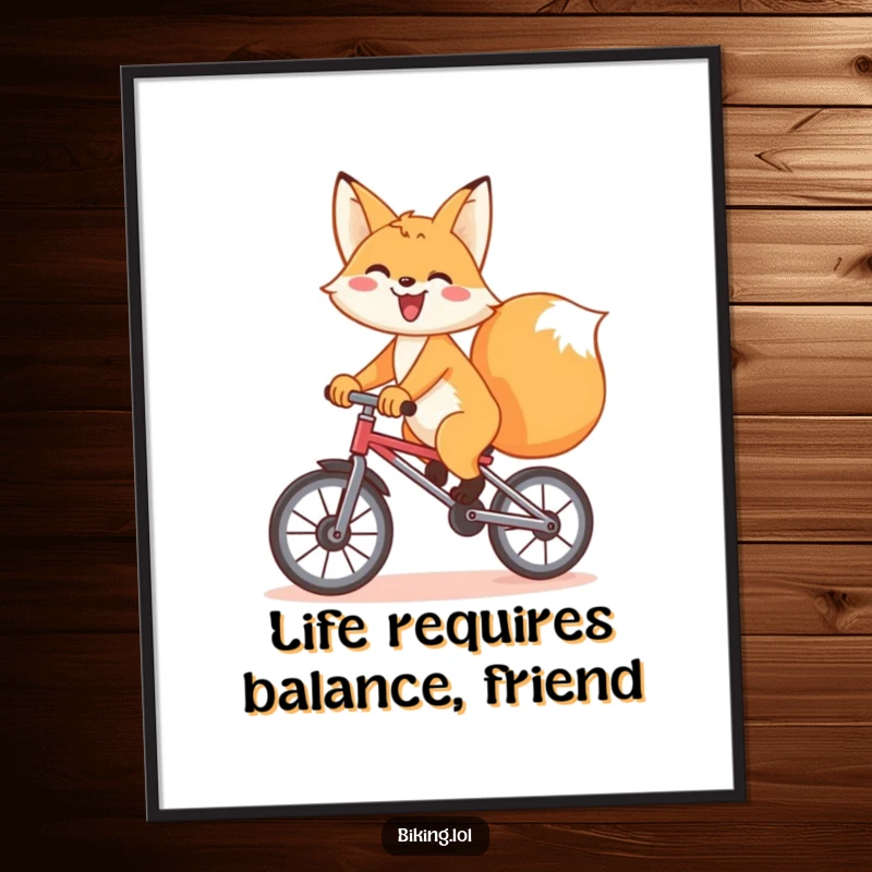 Funny free printable wall art, a playful fox enthusiastically riding a unicycle with a big grin, showcasing balance and fun.
