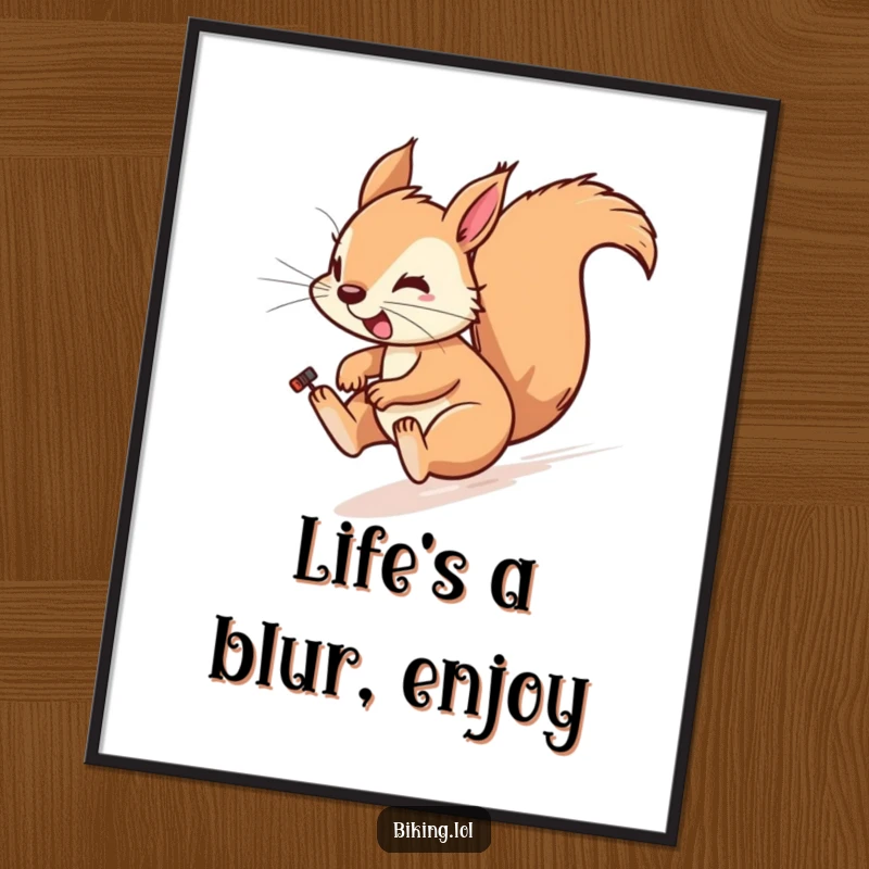 Funny Free Printable Wall Art: Playful squirrel with fur blowing in the wind, zipping downhill at high speed.